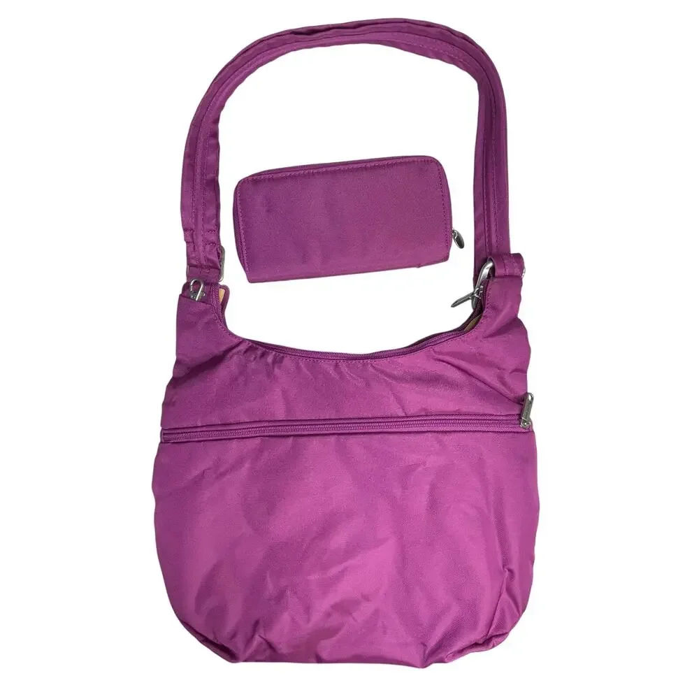 Travelon Anti-Theft Pleated Hobo Crossbody Bag and wallet Purple - Picture 2 of 11
